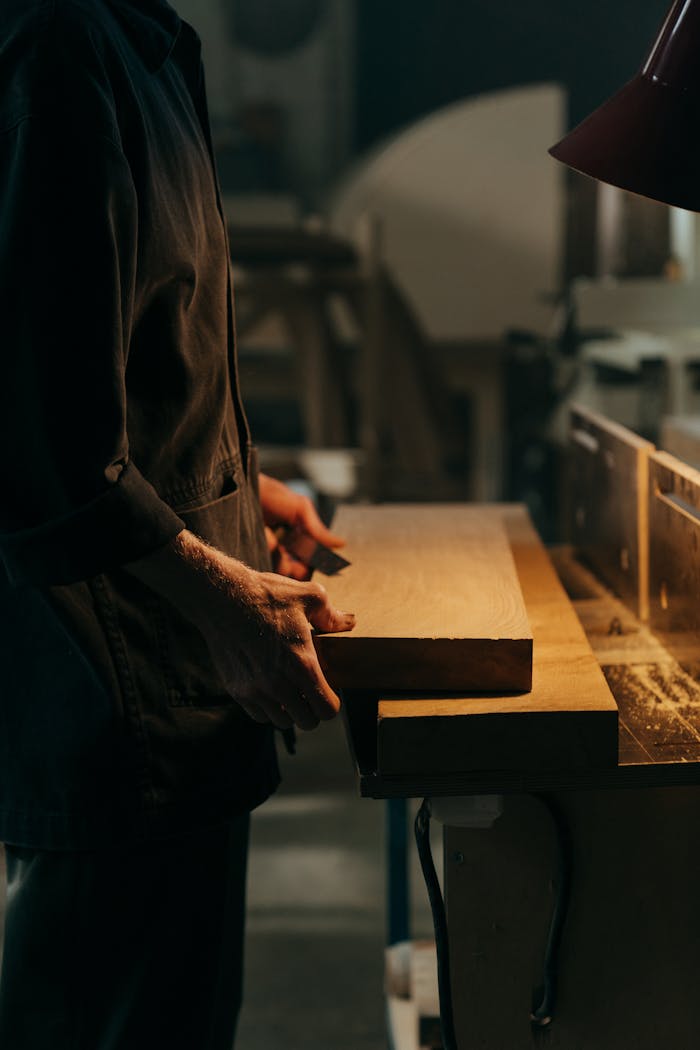 A craftsman working with a wooden plank under focused lighting in a workshop.