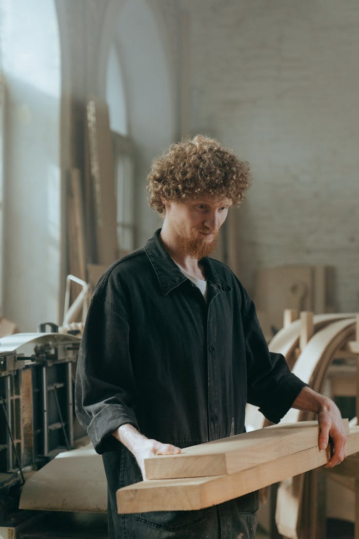 Mastering the First Impression: Your intriguing post title goes here A bearded craftsman in a woodworking workshop holding timber planks.